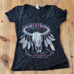 Liberty Black Graphic Tee with Studded Shoulders